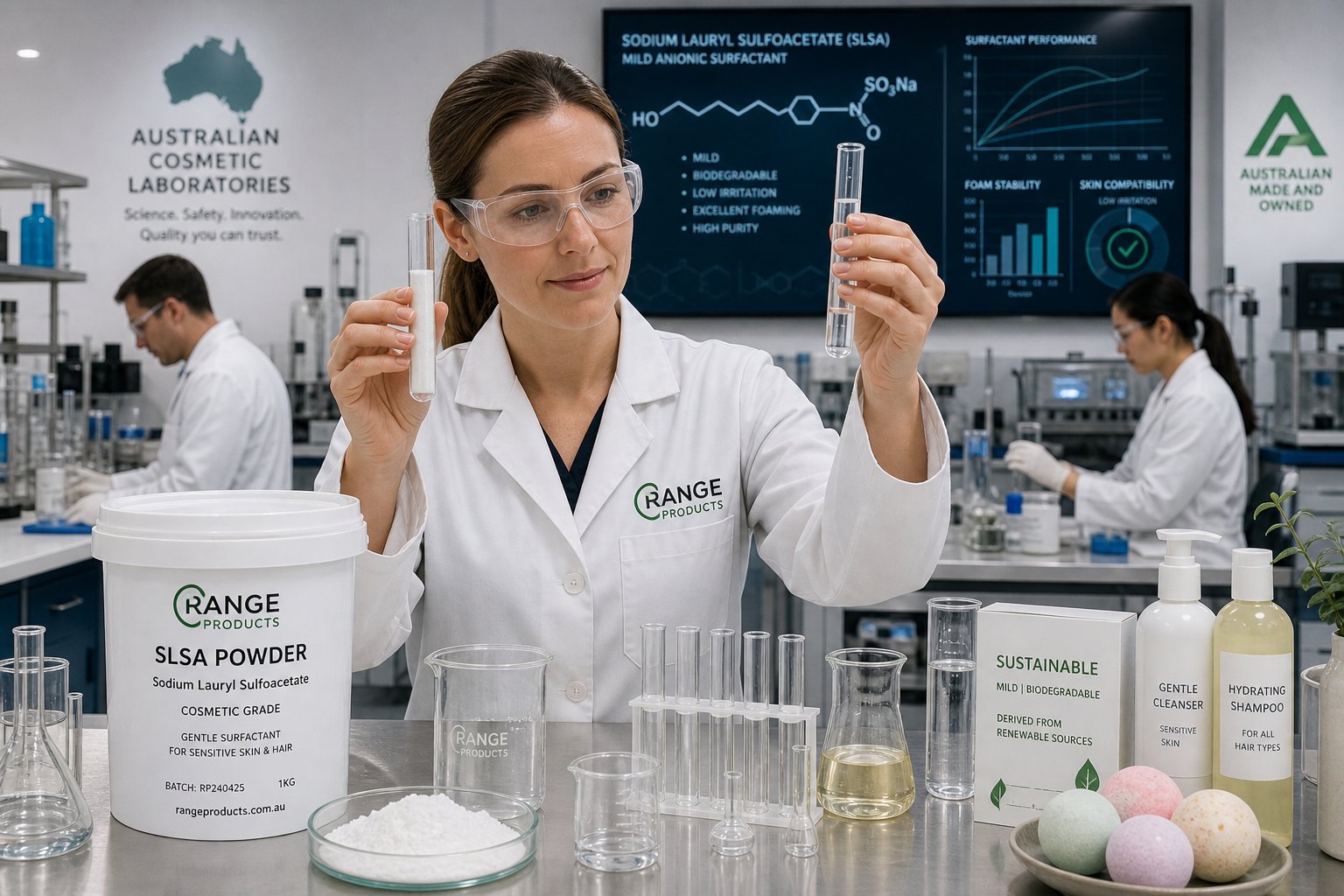 scientists formulating cosmetics with sodium lauryl sulfoacetate in modern lab